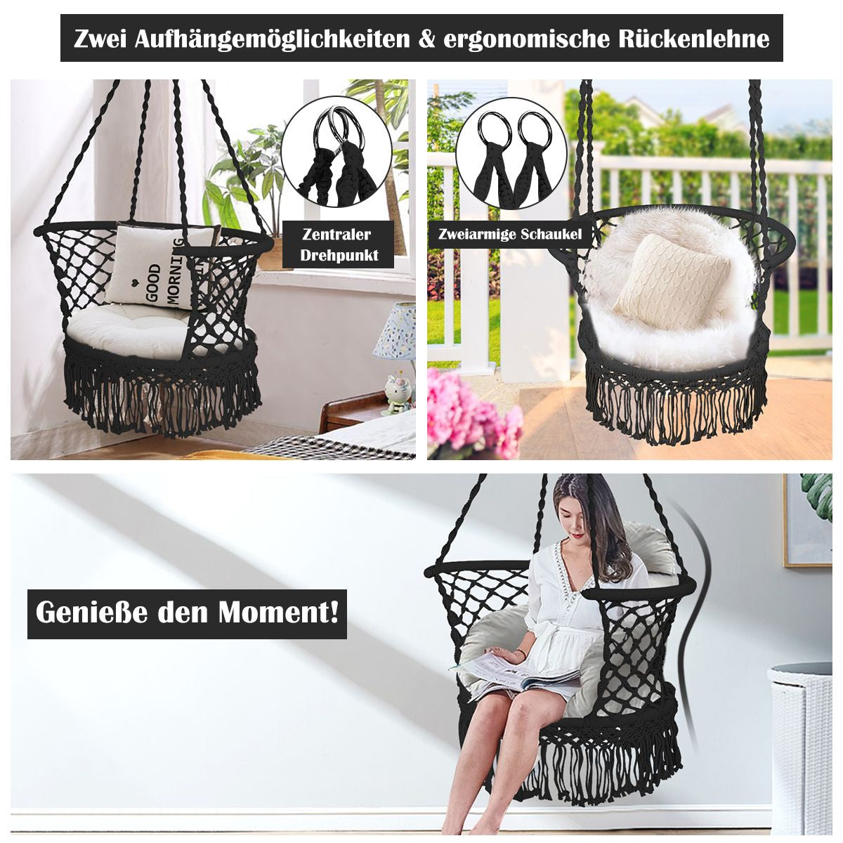 Hängesessel Makramee Hängestuhl Hängesitz Hängeschaukel Swing Sessel 160 Kg Tragkraft Schwarz