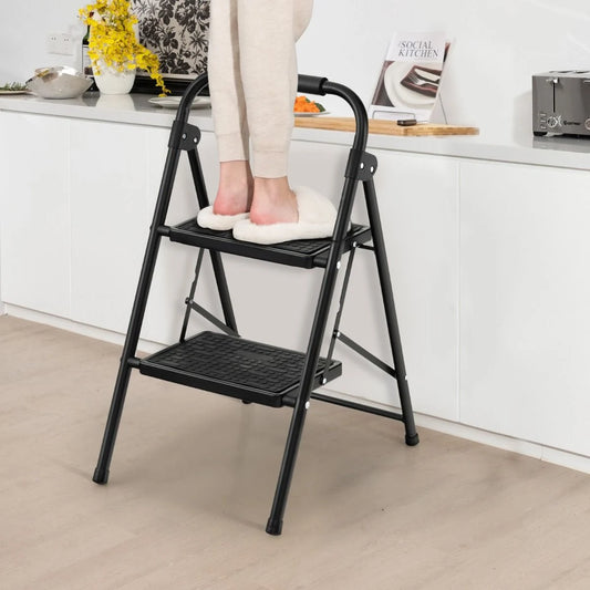2-Stufige Leiter Klappbarer Tritthocker Mit Gepolstertem Handgriff 47 X 39 X 71 Cm Schwarz