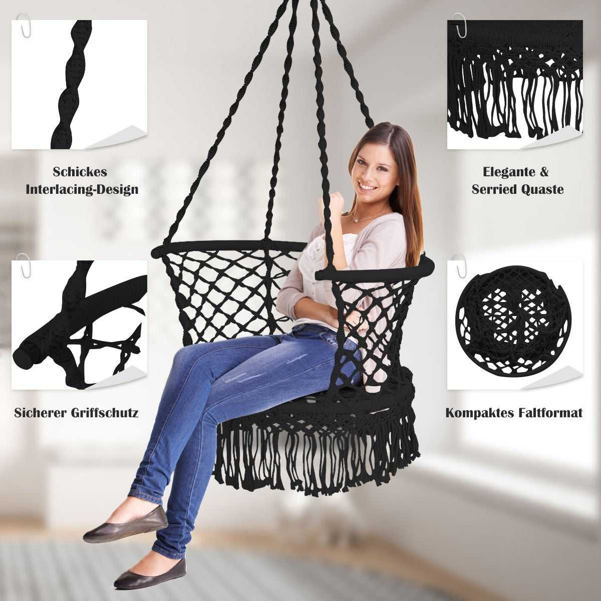 Hängesessel Makramee Hängestuhl Hängesitz Hängeschaukel Swing Sessel 160 Kg Tragkraft Schwarz