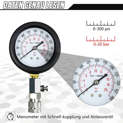 KOMPRESSIONSTESTER-SATZ BENZIN MOTOR KOMPRESSION PRuFER MESSER 0-20 Bar