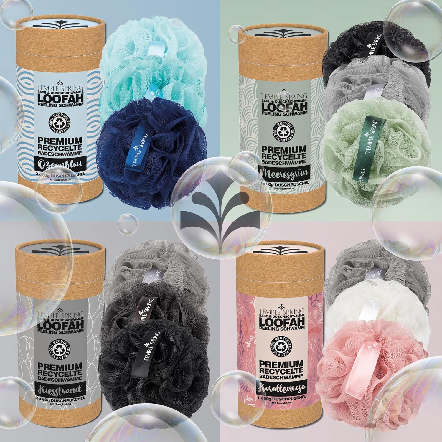 Temple Spring Recycelter Duschschwamm, Körperpeeling Badeschwamm, Luffa Schwamm, Peeling Schwamm Für Eingewachsene Haare, Waschschwamm Körper, Loofah Body Scrubber, Duschschwamm Körper - Kiesstrand