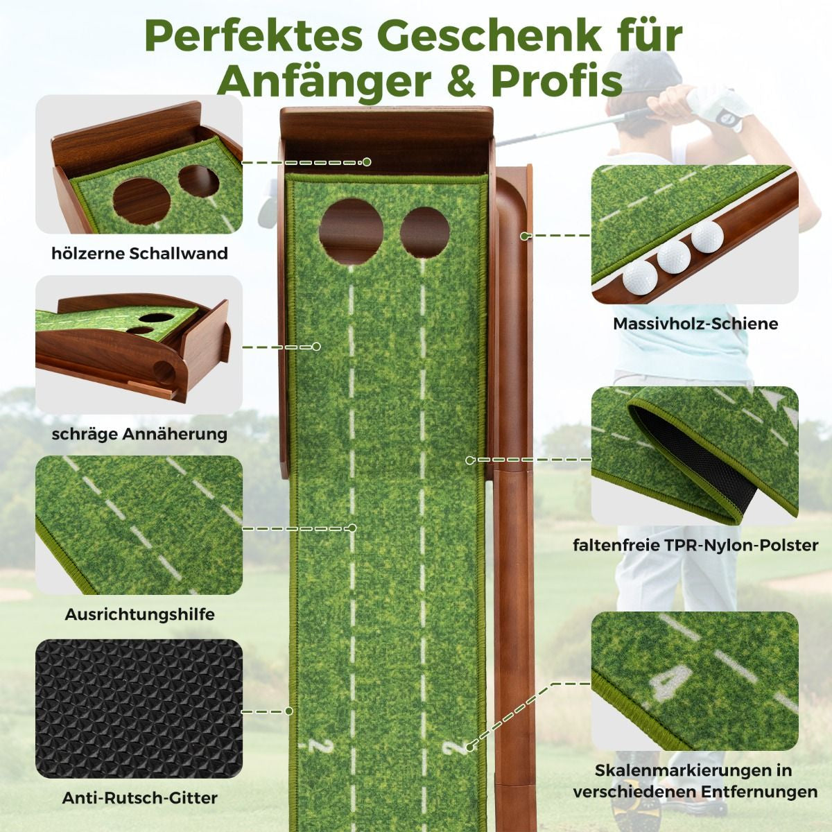Golf Puttingmatte Mit 2 Löchern & 3 Golfbällen & Kunstrasen Golfmatte Putting Trainer Grün