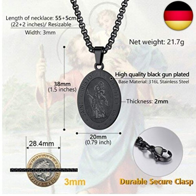 PROSTEEL St. Christopher Anhänger Halskette Schwarz Motiv Heiliger