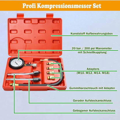 KOMPRESSIONSTESTER-SATZ BENZIN MOTOR KOMPRESSION PRuFER MESSER 0-20 Bar