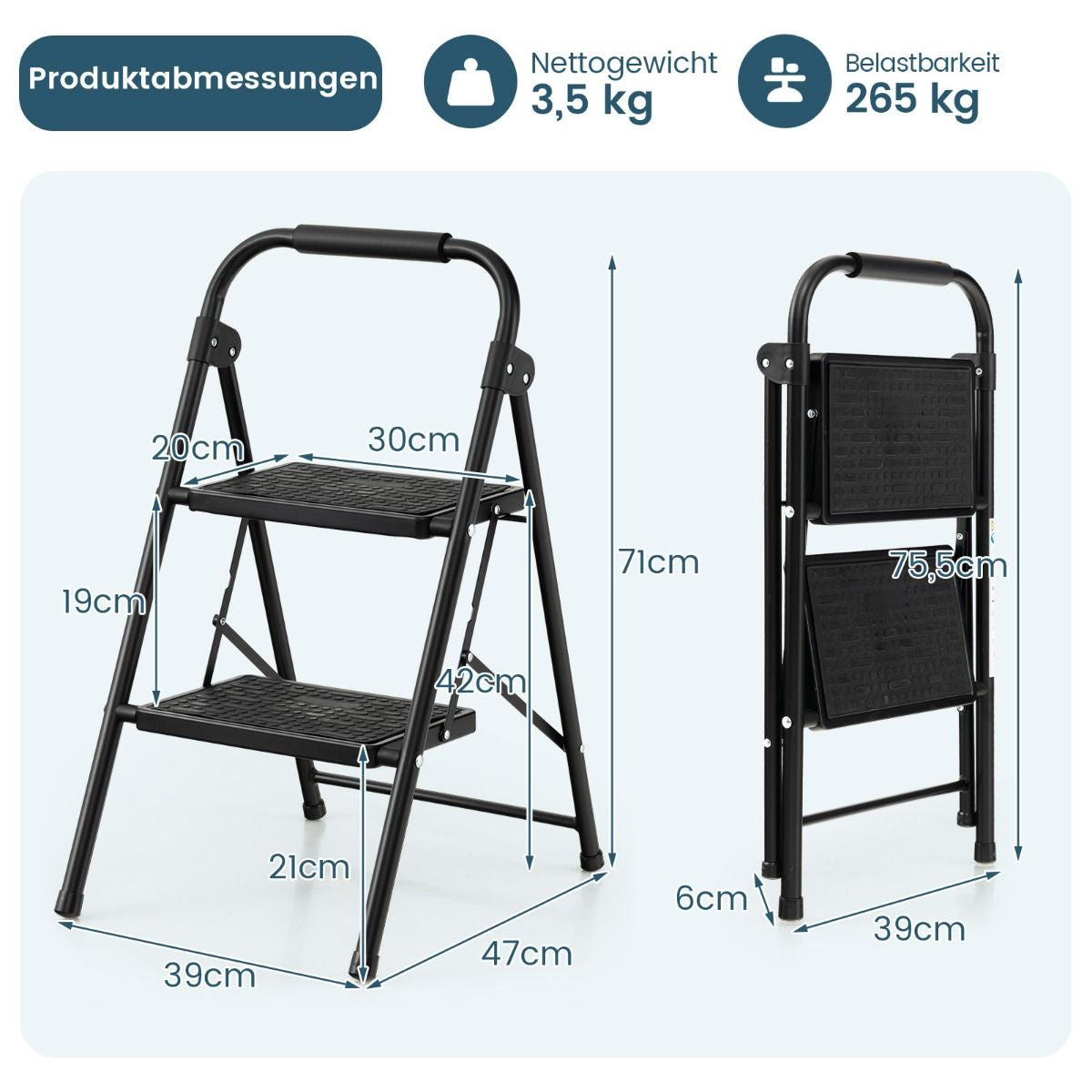 2-Stufige Leiter Klappbarer Tritthocker Mit Gepolstertem Handgriff 47 X 39 X 71 Cm Schwarz