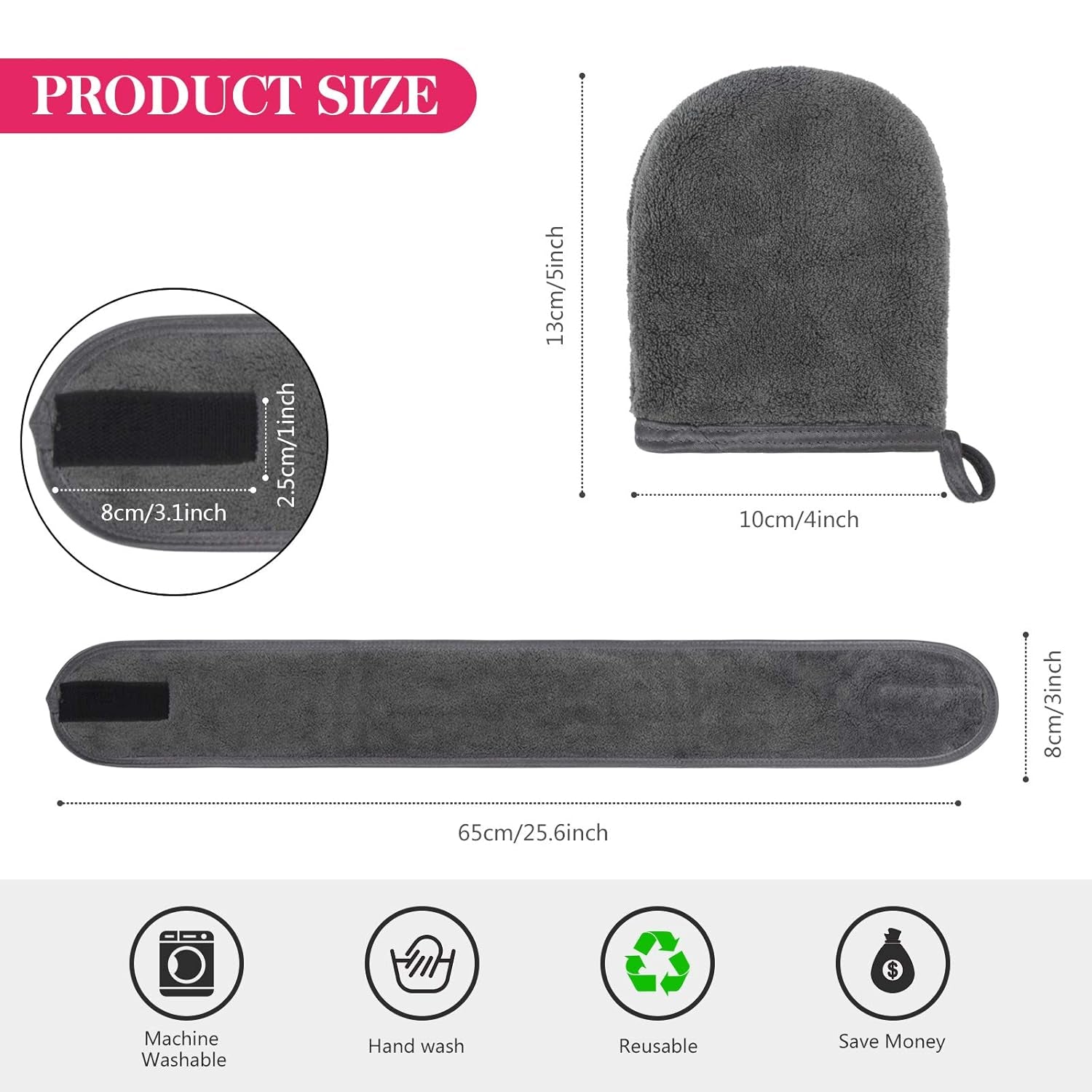 Kinhwa Make-Up Entferner Handschuh Super Sanft Mikrofaser Abschminkhandschuh Wiederverwendbar Gesichtsreinigung Und Kosmetik Stirnband Dunkelgrau