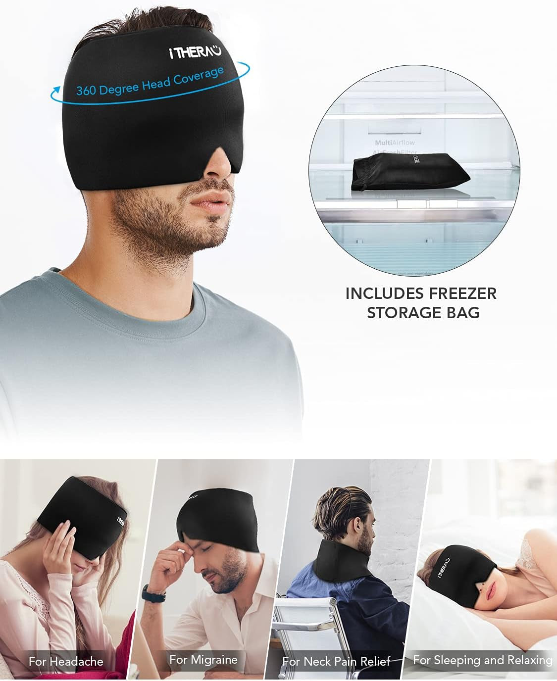 I-THERA-U Migräne Maske 2Pcs - Wiederverwendbar 2 in 1 Schlafmaske Headache Hat, Kopfschmerzen Kühlpads Gel, Migräne Haube Für Geschwollene Augen, Verspannungen, Sinus & Stressabbau, Männer & Frauen