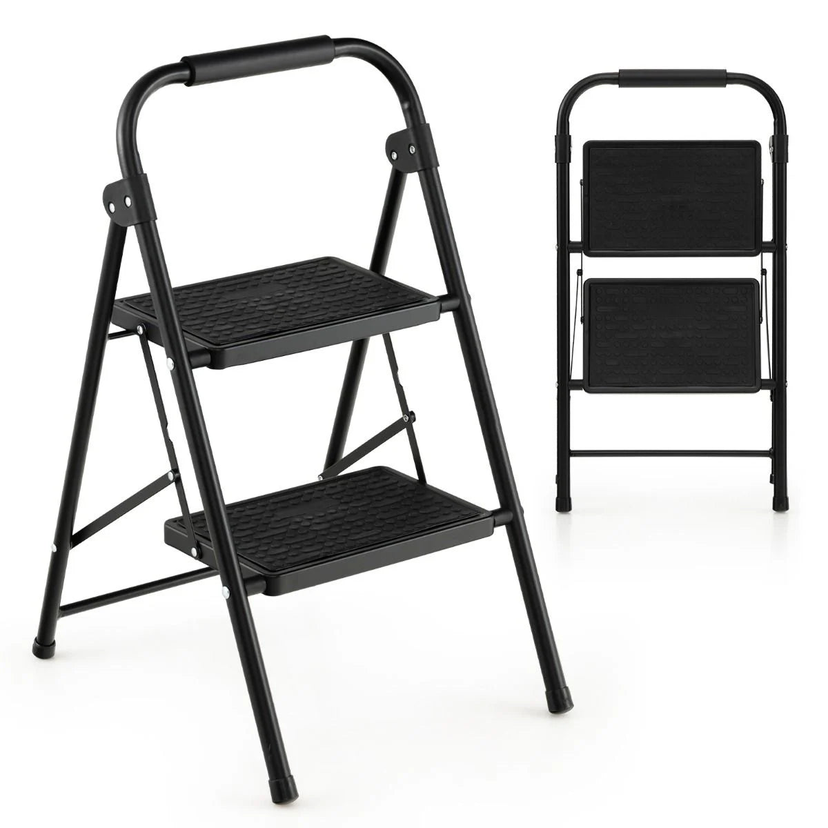 2-Stufige Leiter Klappbarer Tritthocker Mit Gepolstertem Handgriff 47 X 39 X 71 Cm Schwarz