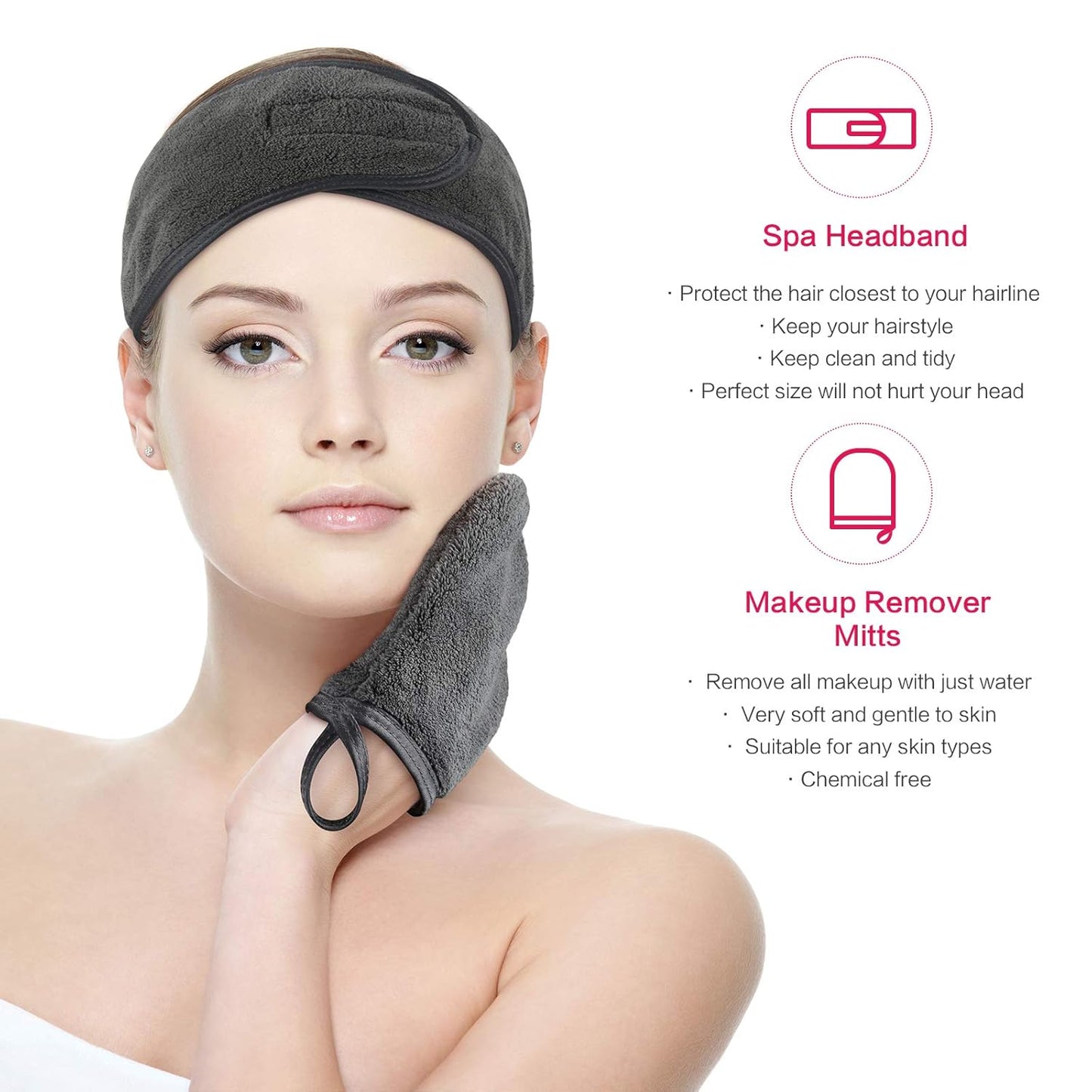Kinhwa Make-Up Entferner Handschuh Super Sanft Mikrofaser Abschminkhandschuh Wiederverwendbar Gesichtsreinigung Und Kosmetik Stirnband Dunkelgrau