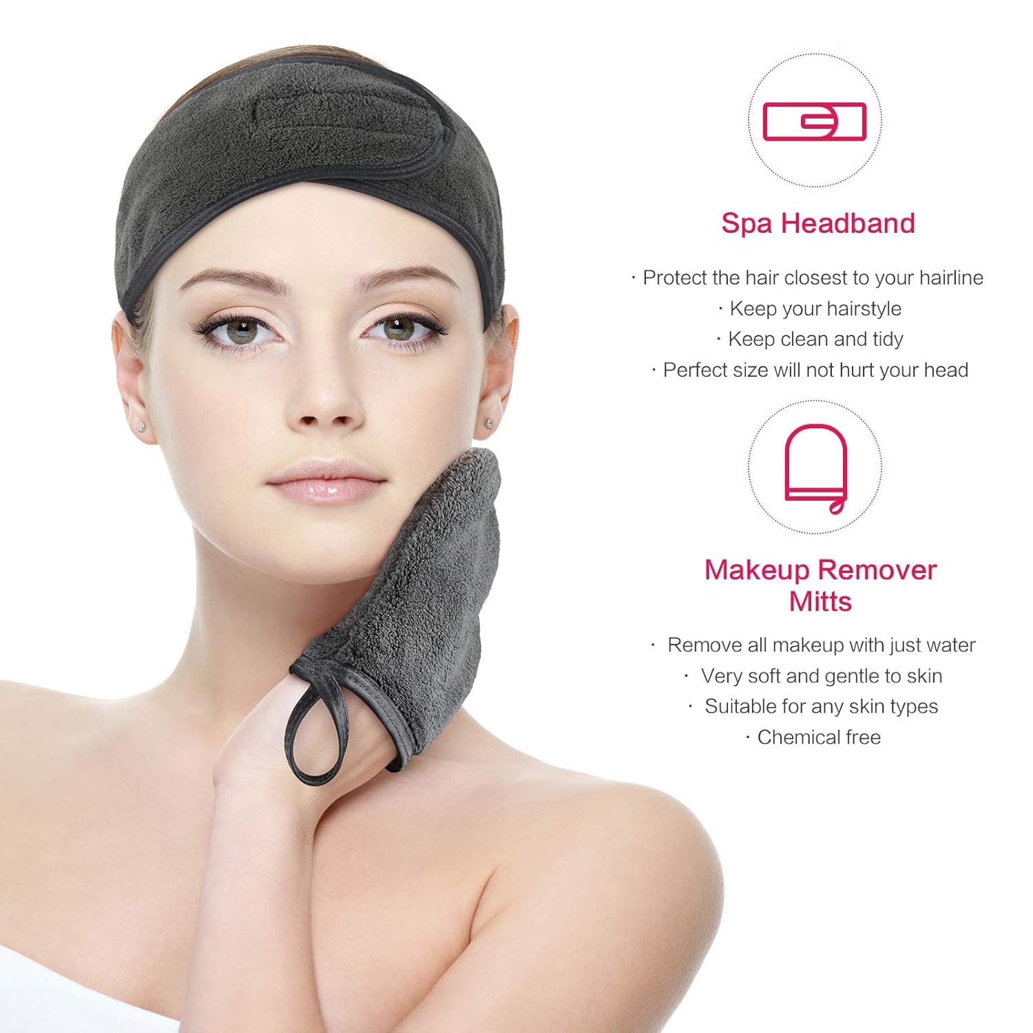 Kinhwa Make-Up Entferner Handschuh Super Sanft Mikrofaser Abschminkhandschuh Wiederverwendbar Gesichtsreinigung Und Kosmetik Stirnband Dunkelgrau