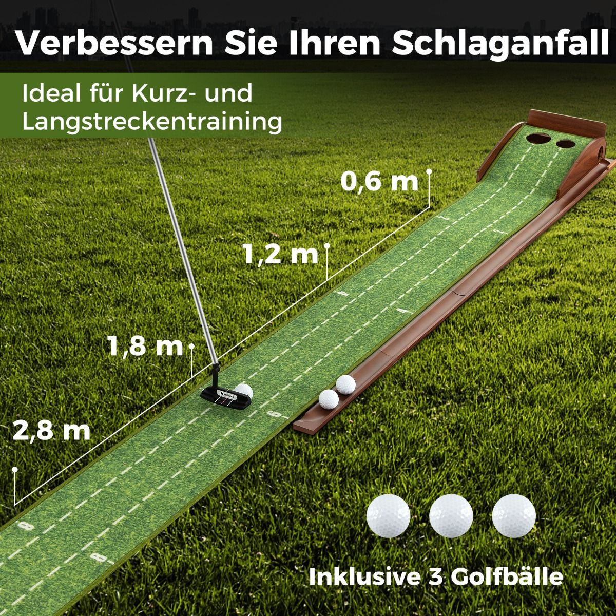 Golf Puttingmatte Mit 2 Löchern & 3 Golfbällen & Kunstrasen Golfmatte Putting Trainer Grün
