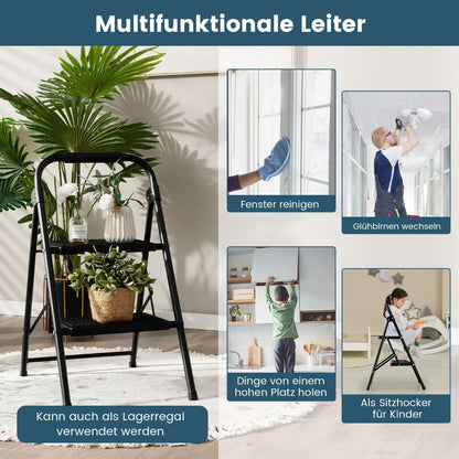 2-Stufige Leiter Klappbarer Tritthocker Mit Gepolstertem Handgriff 47 X 39 X 71 Cm Schwarz