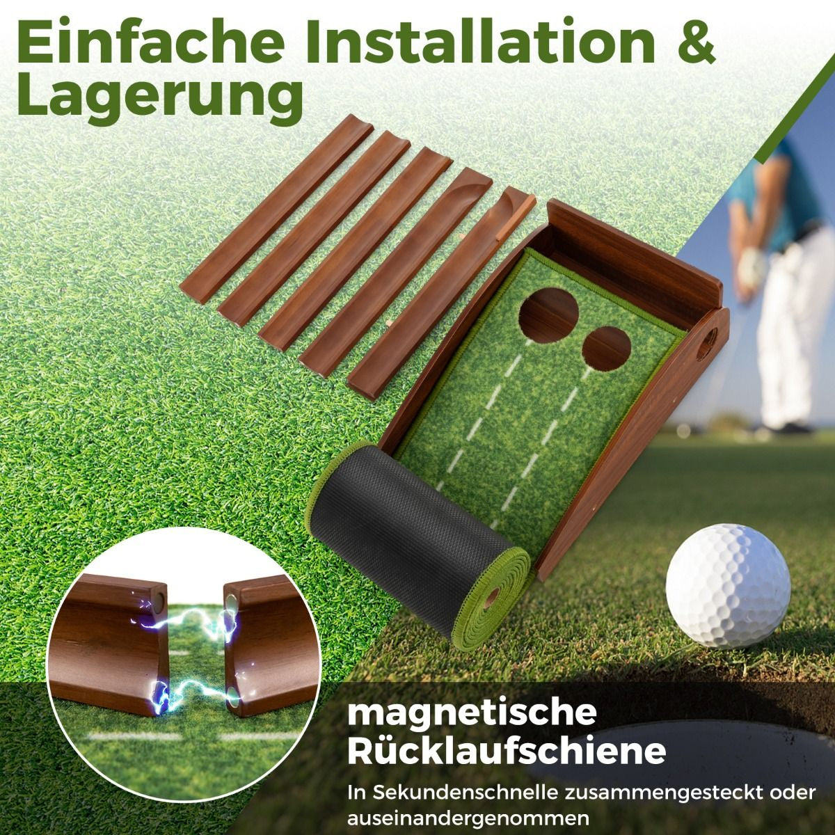 Golf Puttingmatte Mit 2 Löchern & 3 Golfbällen & Kunstrasen Golfmatte Putting Trainer Grün
