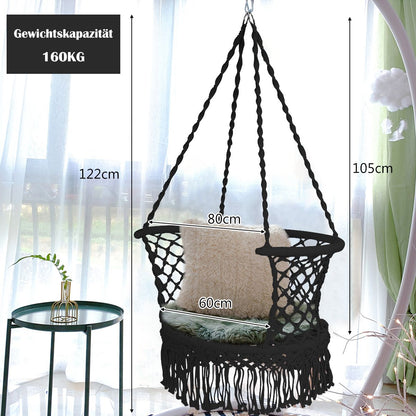 Hängesessel Makramee Hängestuhl Hängesitz Hängeschaukel Swing Sessel 160 Kg Tragkraft Schwarz