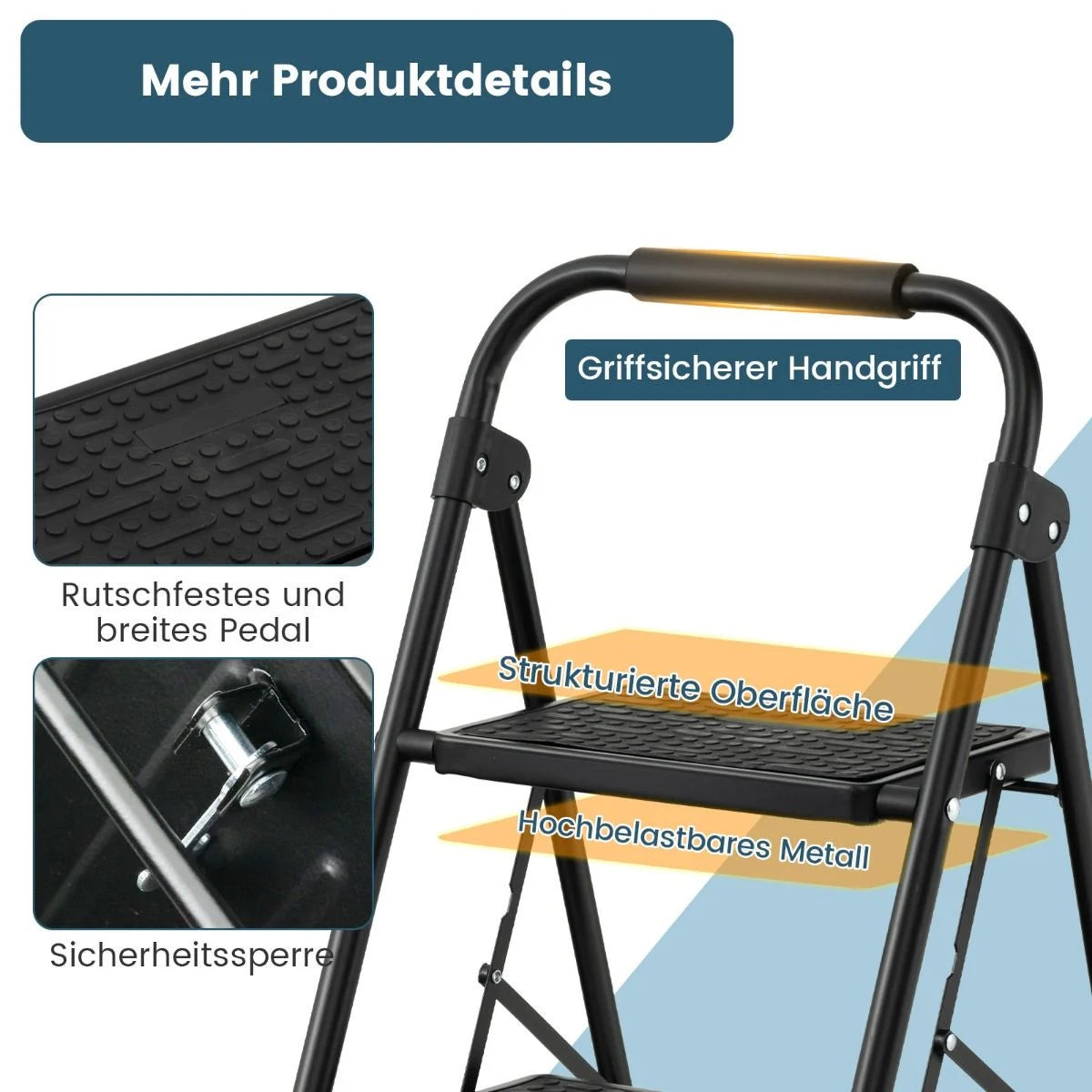 2-Stufige Leiter Klappbarer Tritthocker Mit Gepolstertem Handgriff 47 X 39 X 71 Cm Schwarz