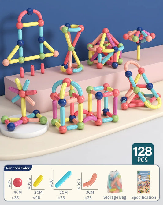 128PCS Magnetic Building Blocks Toy Magnetic Construction Set Magnet Ball Sticks Rod Games Montessori Educational Toys for Kids