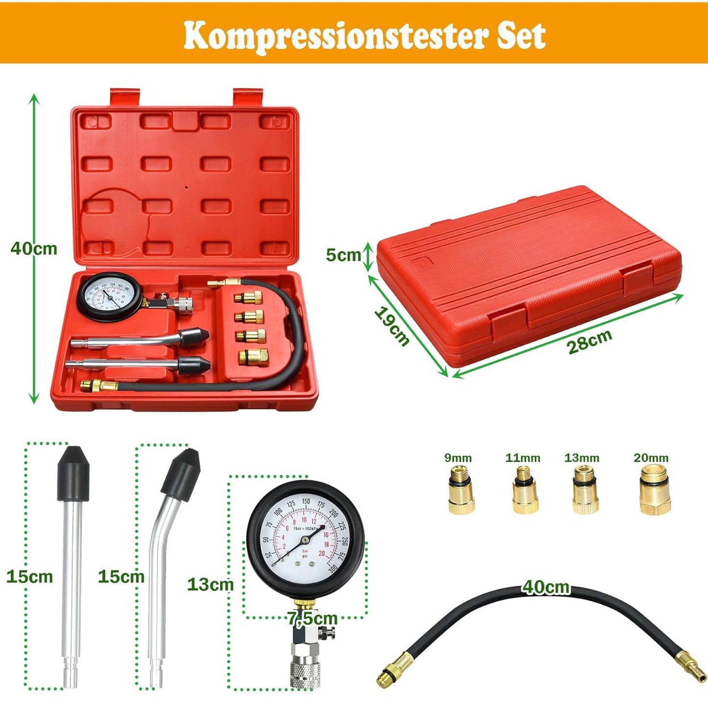 KOMPRESSIONSTESTER-SATZ BENZIN MOTOR KOMPRESSION PRuFER MESSER 0-20 Bar