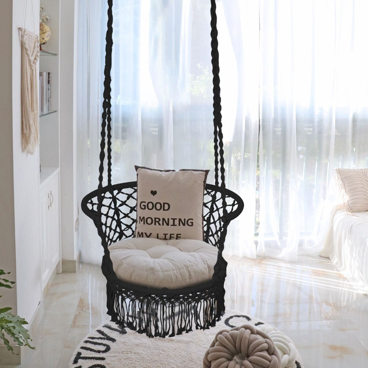Hängesessel Makramee Hängestuhl Hängesitz Hängeschaukel Swing Sessel 160 Kg Tragkraft Schwarz